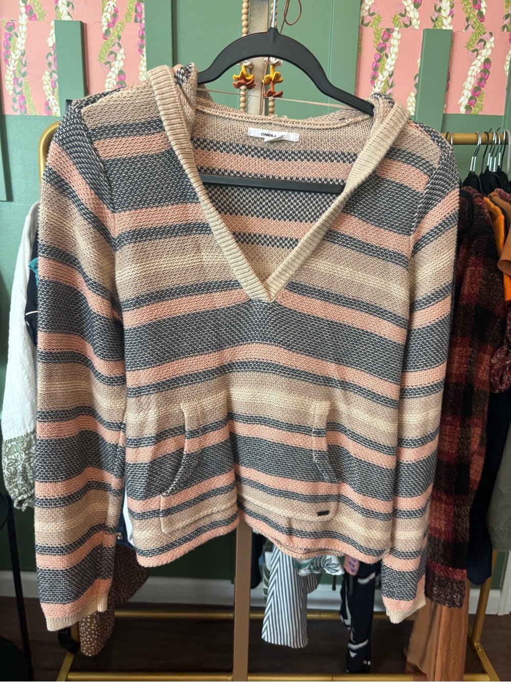 Roxy Striped Hooded Sweater Pullover - Peach & Gray Size Small